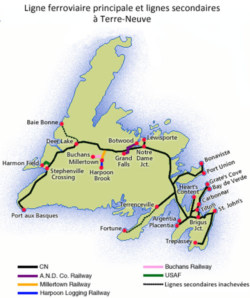 Ligne ferroviaire principale et lignes secondaires à Terre-Neuve depuis 1883