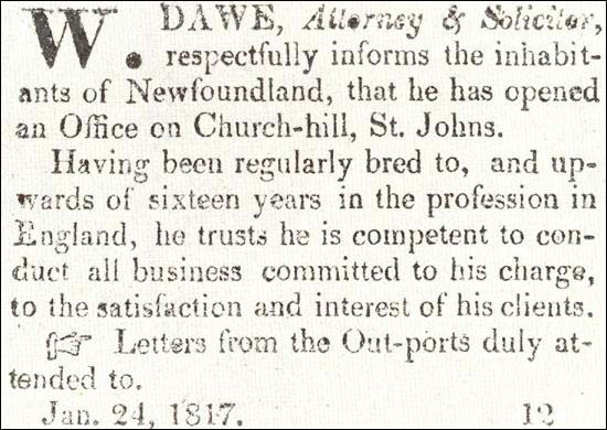 Newspaper Announcement of William Dawe, Attorney & Solicitor