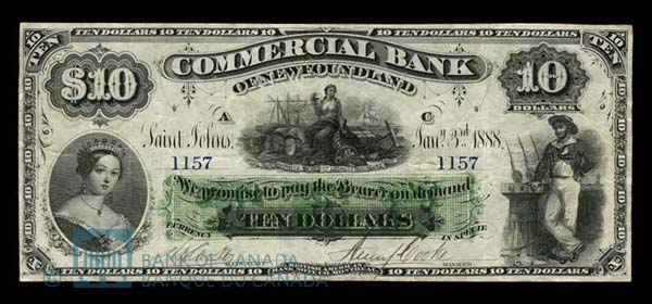 Commercial Bank of Newfoundland $10 Note, 1888 Commercial Bank of Newfoundland $10 Note, 1888