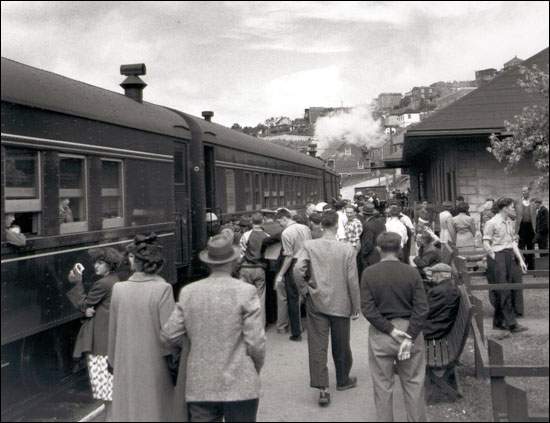 A passenger train arrives at Corner Brook Station, n.d.