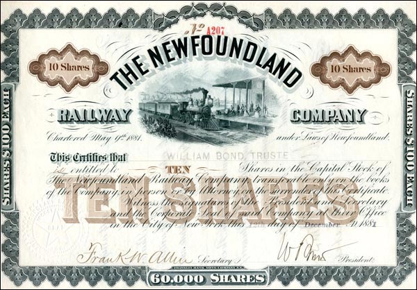 Dix actions de la Newfoundland Railway Company, 1881 Dix actions de la Newfoundland Railway Company, 1881