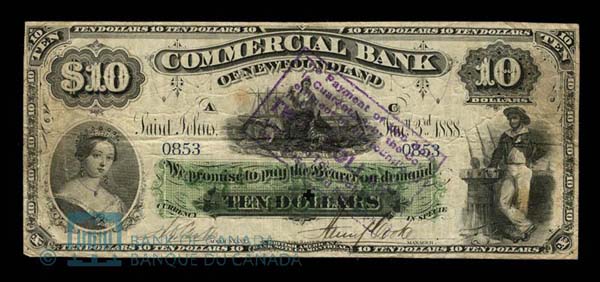 Billet de la Commercial Bank of Newfoundland, dévalué de 10 $ à 2 $, après 1894 Billet de la Commercial Bank of Newfoundland, dévalué de 10 $ à 2 $, après 1894