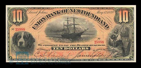 Billet de l'Union Bank of Newfoundland, dévalué de 10 $ à 8 $, après 1894 Billet de l'Union Bank of Newfoundland, dévalué de 10 $ à 8 $, après 1894