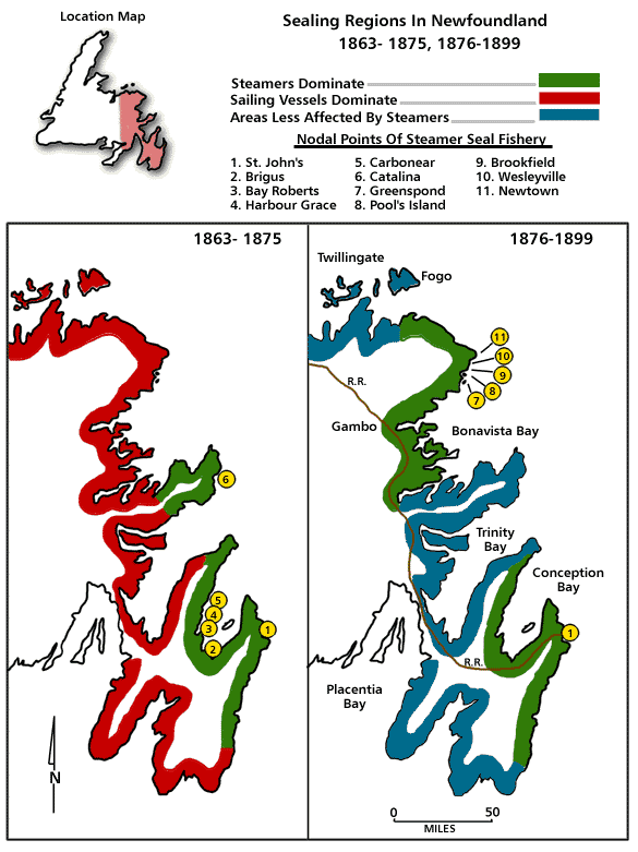 Régions de chasse au phoque à Terre-Neuve, 1863-1875 et 1876-1899 Régions de chasse au phoque à Terre-Neuve, 1863-1875 et 1876-1899