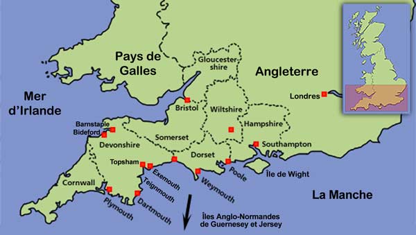 Carte du sud-ouest de l'Angleterre (le West Country)