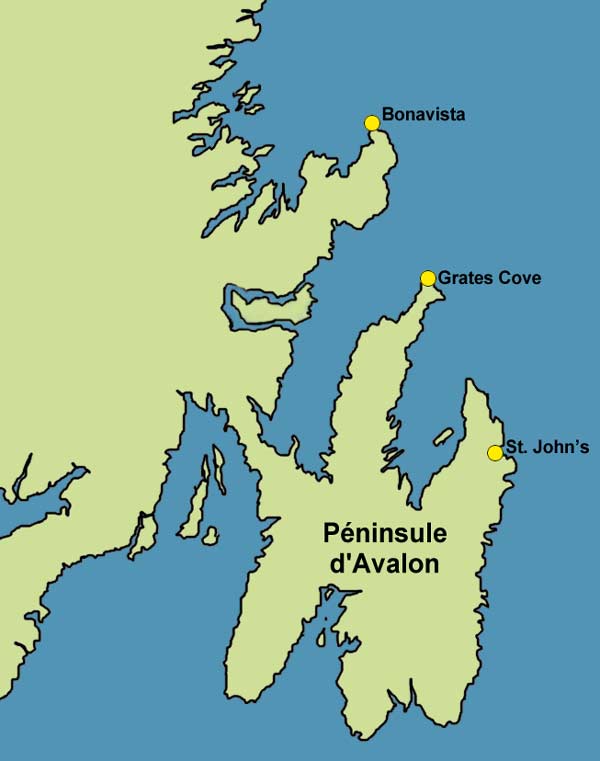 Carte de l'est de Terre-Neuve situant Grates Cove