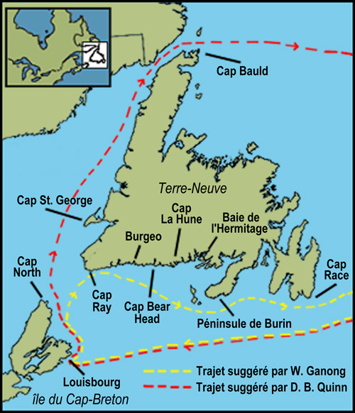 Les trajets suggérés par William Ganong et D. B. Quinn Les trajets suggérés par William Ganong et D. B. Quinn