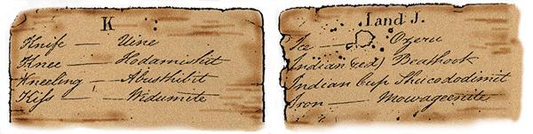 Deux pages de la liste de mots béothuks du révérend John Leigh Deux pages de la liste de mots béothuks du révérend John Leigh