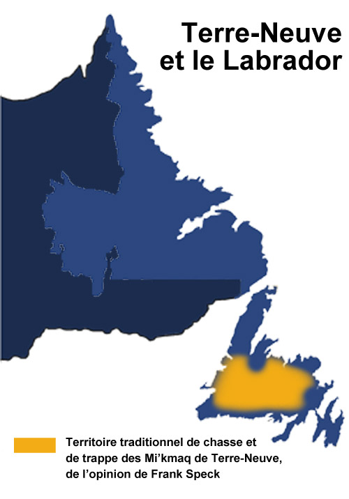 Carte du territoire traditionnel de chasse et de trappe des Mi'kmaq de Terre-Neuve, de l'avis de Frank Speck