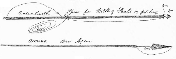 Dessin de Shanawdithit représentant des lances, vers 1823-1829