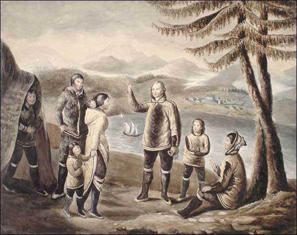 Inuit du Labrador avec un missionnaire morave, vers 1819 Inuit du Labrador avec un missionnaire morave, vers 1819