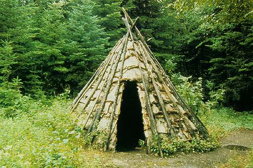 Reconstitution d'un wigwam béothuk à Indian Point, lac Red Indian