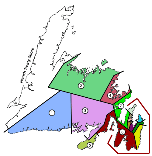 Limites des circonscriptions de Terre-Neuve lors de l'élection de 1869 Limites des circonscriptions de Terre-Neuve lors de l'élection de 1869