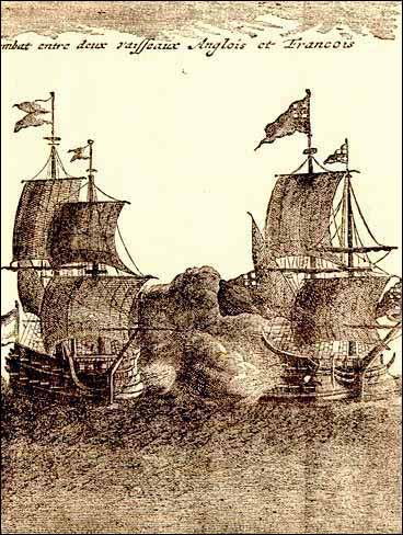 Un navire de guerre anglais et un navire de guerre français s'affrontant lors d'une bataille, s.d. Un navire de guerre anglais et un navire de guerre français s'affrontant lors d'une bataille, s.d.