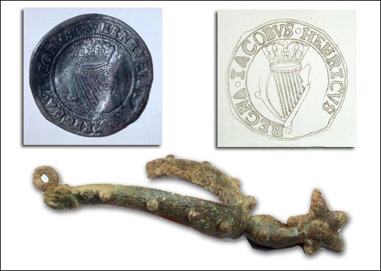 Irish Silver Shilling and Brass Boot Spur Irish Silver Shilling and Brass Boot Spur
