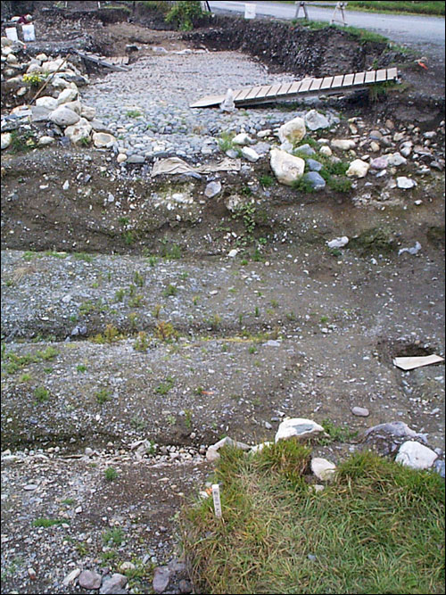 Ditch showing the ruins of bridge sills and mortises Ditch showing the ruins of bridge sills and mortises