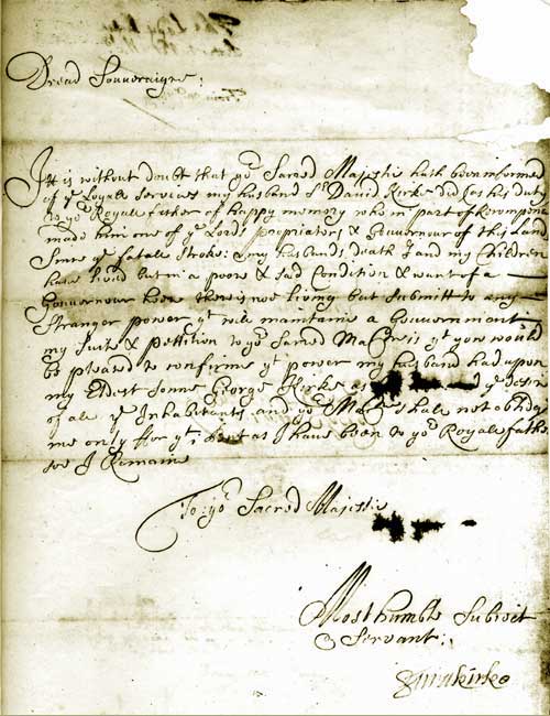 Letter from Lady Sara Kirke to King Charles II, 1660 Letter from Lady Sara Kirke to King Charles II, 1660