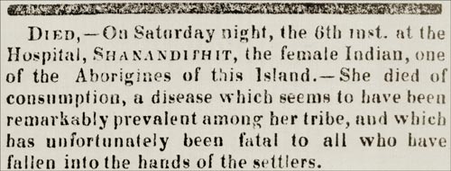 Excerpt of Shanawdithit's Obituary Excerpt of Shanawdithit's Obituary