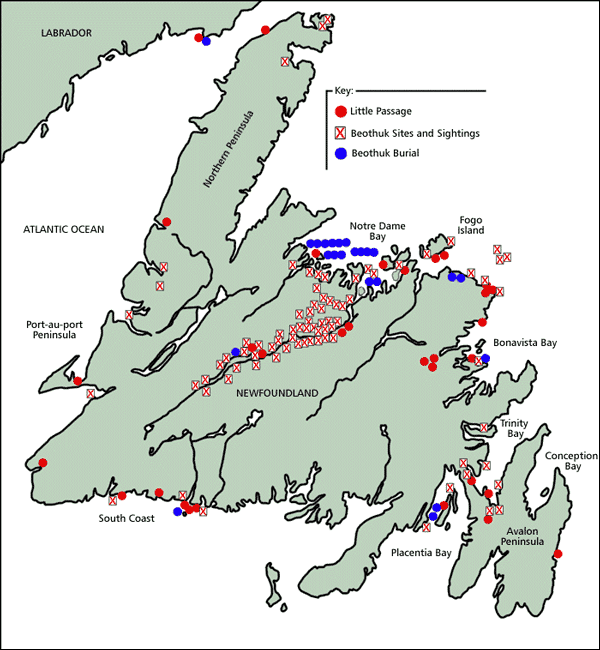 Map Showing Little Passage Campsites, Beothuk Campsites and Sightings and Beothuk Burial Map Showing Little Passage Campsites, Beothuk Campsites and Sightings and Beothuk Burials