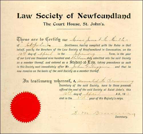 Janet Miller's certificate of admission to the Law Society, ca. 1913 Janet Miller's certificate of admission to the Law Society, ca. 1913