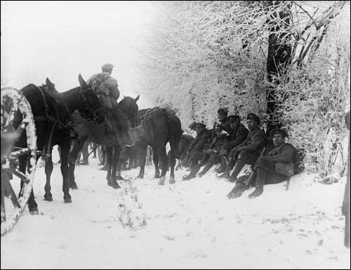 Men of the Newfoundland Regiment with a Horse-Drawn Wagon Resting by the Roadside in the Snow, near Hesdin, 20 December 1917