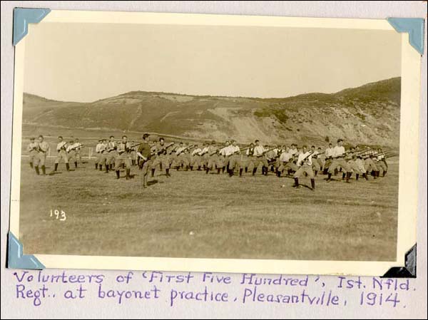 'Volunteers of 'First Five Hundred', 1st Nfld Regt. at Bayonet Practice, Pleasantville, 1914'