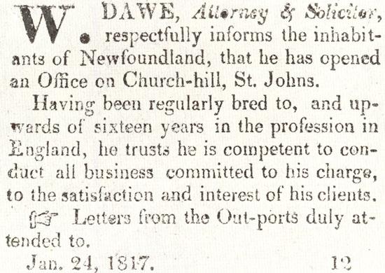 Announcement of Wm. Dawe, Attorney and Solicitor